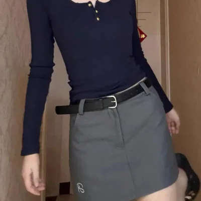 女裝春秋新款顯瘦休閒美式復古U領長袖上衣 - Image 6