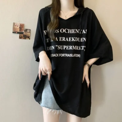 春夏大碼女裝爆款寬鬆塑形顯瘦連帽字母印花短袖上衣