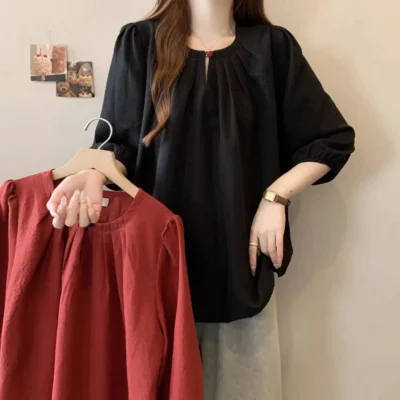 大碼女裝春夏新款純色寬鬆顯瘦時尚減齡七分袖上衣 - Image 4