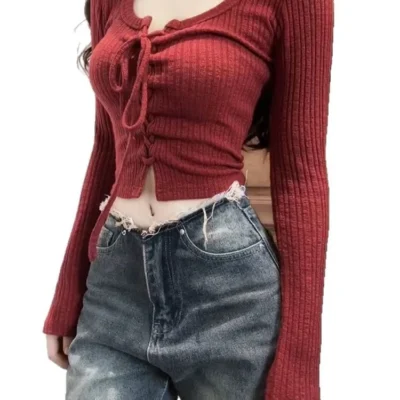 女裝春秋新款純色休閒顯瘦合身百搭綁帶圓領長袖上衣 - Image 5
