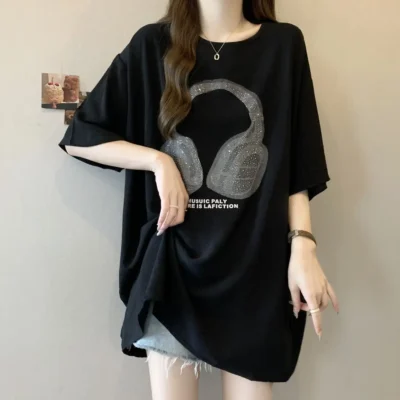 大碼女裝春夏爆款寬鬆顯瘦皺褶冰絲重工燙鑽短袖上衣