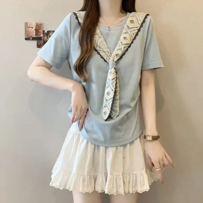 大碼女裝夏季新款名媛風寬鬆顯瘦蕾絲披肩正肩短袖上衣 - Image 4