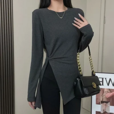 大碼女裝春秋新款純色休閒合身綁帶設計感開叉長袖打底衫 - Image 3