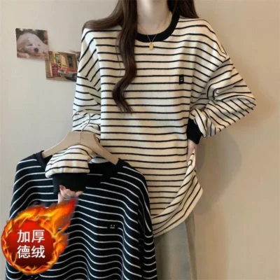大碼女裝春秋新款寬鬆顯瘦百搭加厚條紋中長款長袖上衣 - Image 3