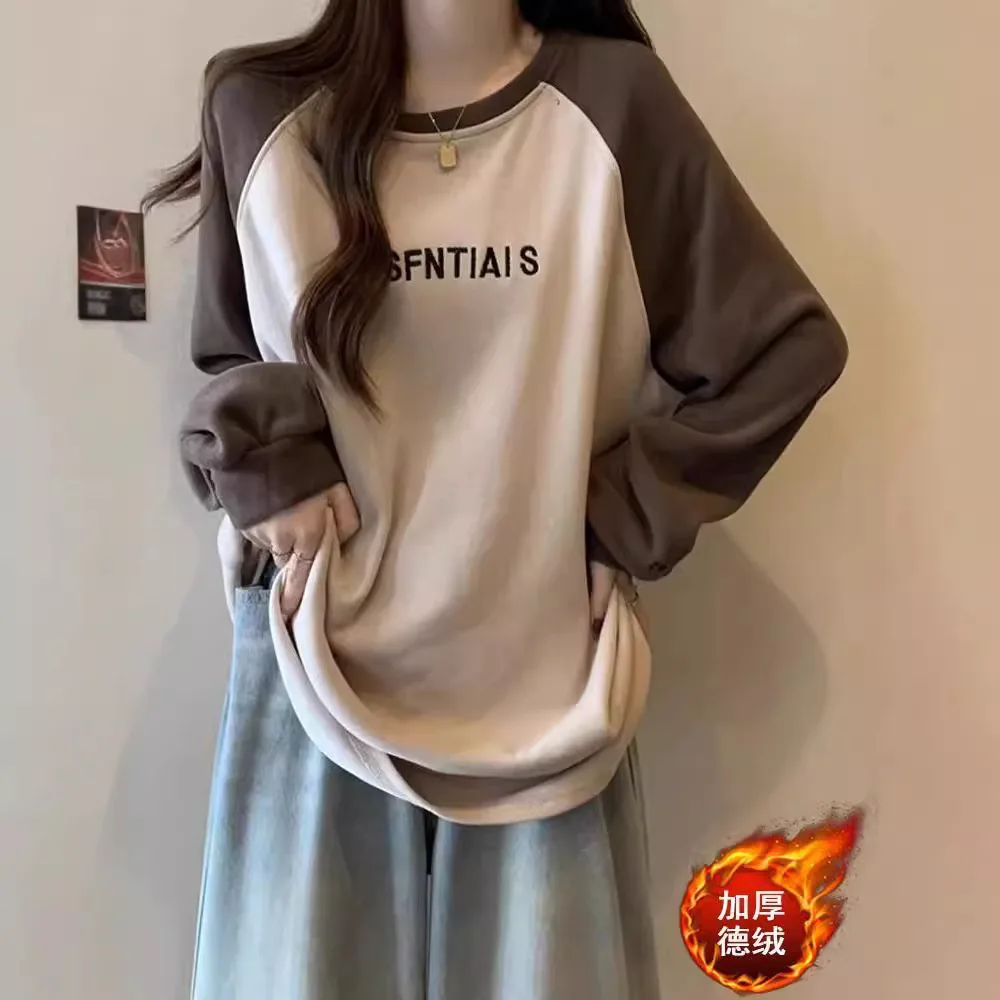 大碼女裝秋冬新款寬鬆顯瘦絲絨保暖印花可內搭外穿長袖上衣 - Image 2