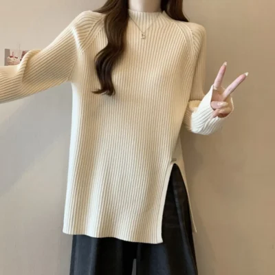 大碼女裝秋冬新款休閒顯瘦加厚坑條半高領開叉長袖上衣 - Image 8