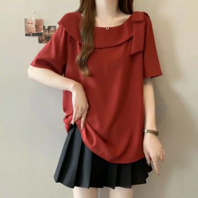 大碼女裝春夏新款純色寬鬆顯瘦可內搭外穿蝴蝶結圓領短袖上衣