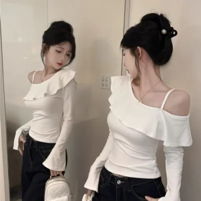 春秋女裝新款純色休閒百搭收腰合身荷葉邊露肩長袖上衣