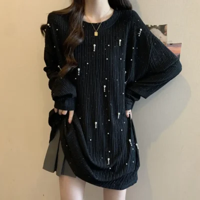 大碼女裝秋冬新款純色寬鬆顯瘦設計感釘珠長袖上衣