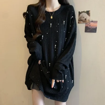大碼女裝秋冬新款純色寬鬆顯瘦設計感釘珠長袖上衣 - Image 6