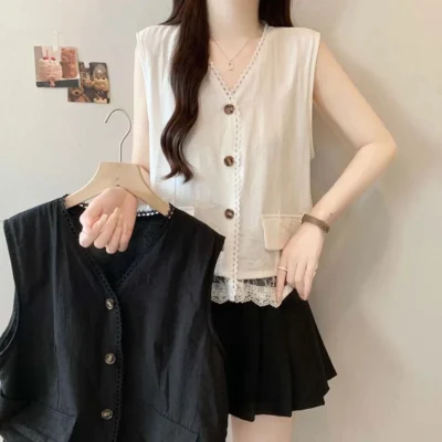 夏季大碼女裝新款純色寬鬆顯瘦減齡蕾絲排扣V領無袖上衣 - Image 4