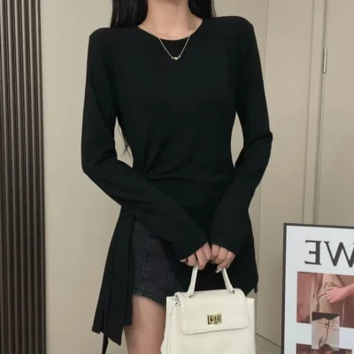 大碼女裝春秋新款純色休閒合身綁帶設計感開叉長袖打底衫 - Image 5