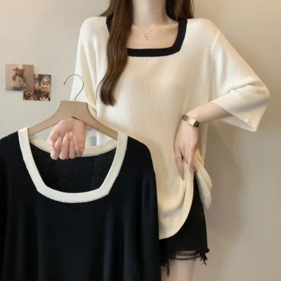 大碼女裝春夏新款拼色寬鬆休閒百搭方領中長款短袖上衣 - Image 3