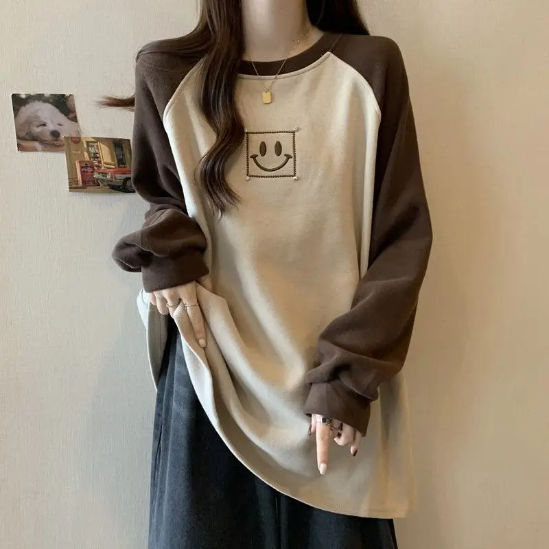 大碼女裝春秋新款絲絨加厚拼色可內搭外穿長袖上衣 - Image 5