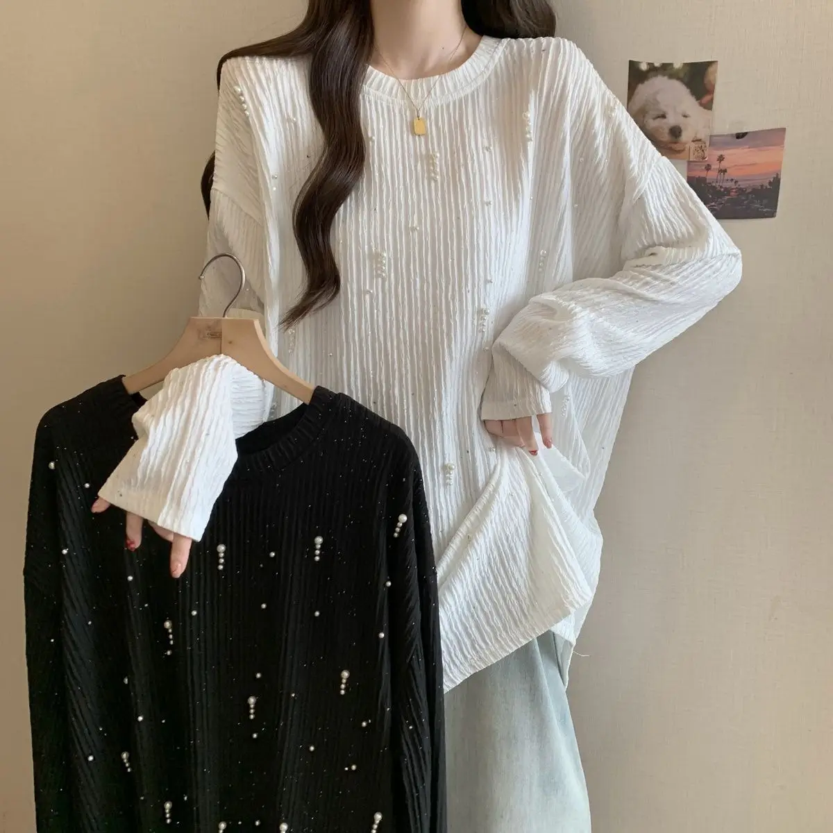大碼女裝秋冬新款純色寬鬆顯瘦設計感釘珠長袖上衣 - Image 5