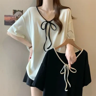Alternative view of 夏季大碼女裝新款純色甜美寬鬆百搭顯瘦V領拼接吊帶短袖上衣