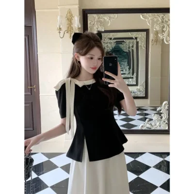 夏季大碼女裝新款拼色名媛風寬鬆顯瘦蝴蝶結綁帶開叉圓領短袖上衣 - Image 4