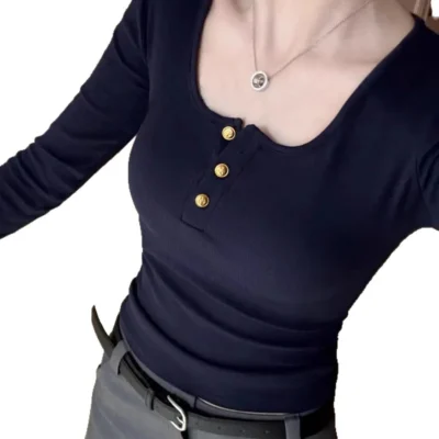 女裝春秋新款顯瘦休閒美式復古U領長袖上衣 - Image 7