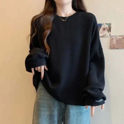 Alternative view of 大碼女裝秋冬新款加厚坑條寬鬆顯瘦休閒簡約保暖長袖上衣