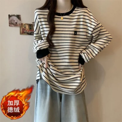 大碼女裝春秋新款寬鬆顯瘦百搭加厚條紋中長款長袖上衣 - Image 4