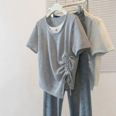 Alternative view of 大碼女裝夏季新款寬鬆顯瘦假兩件不規則抽繩圓領短袖上衣