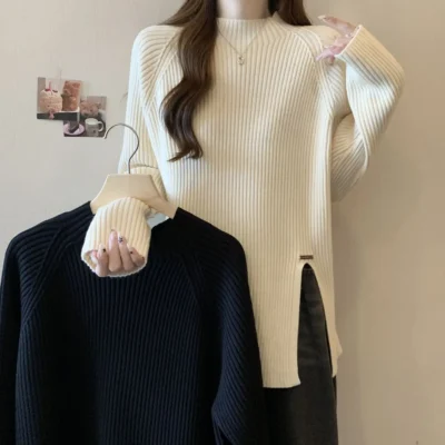 大碼女裝秋冬新款休閒顯瘦加厚坑條半高領開叉長袖上衣 - Image 3