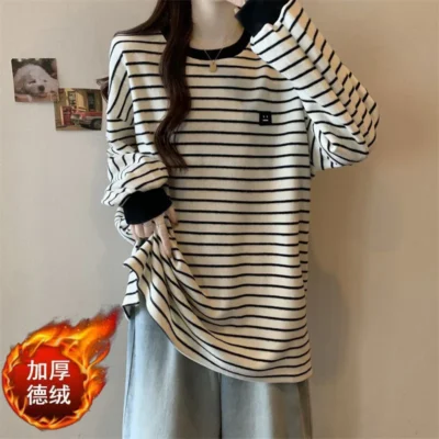 大碼女裝春秋新款寬鬆顯瘦百搭加厚條紋中長款長袖上衣 - Image 5