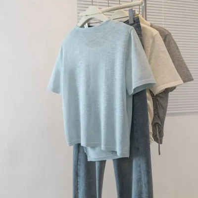 大碼女裝夏季新款寬鬆顯瘦假兩件不規則抽繩圓領短袖上衣 - Image 5