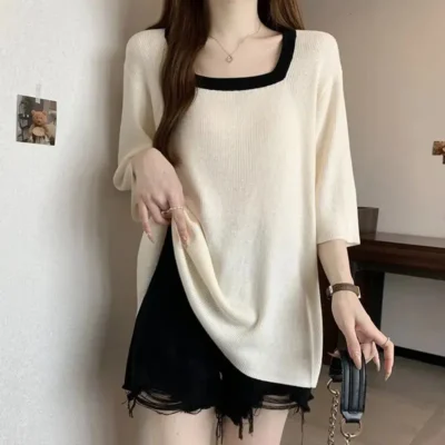 大碼女裝春夏新款拼色寬鬆休閒百搭方領中長款短袖上衣 - Image 4