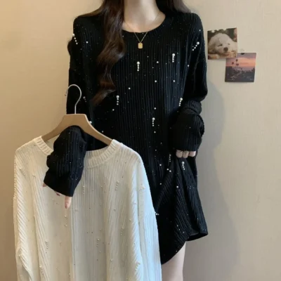 大碼女裝秋冬新款純色寬鬆顯瘦設計感釘珠長袖上衣 - Image 3