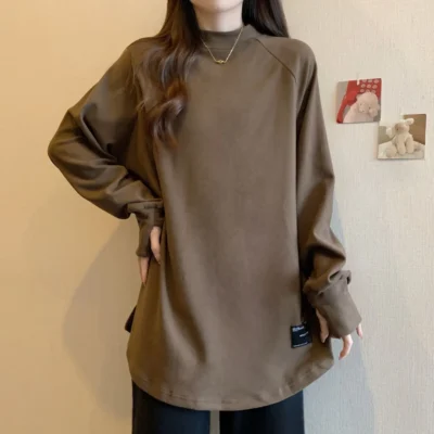 大碼女裝秋冬新款純色寬鬆顯瘦加厚搖粒絨半高領長袖上衣