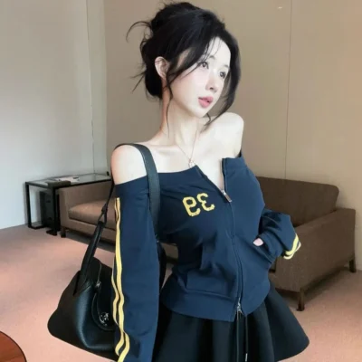 女裝春秋新款美式顯瘦性感拉鏈開襟露肩長袖上衣 - Image 4