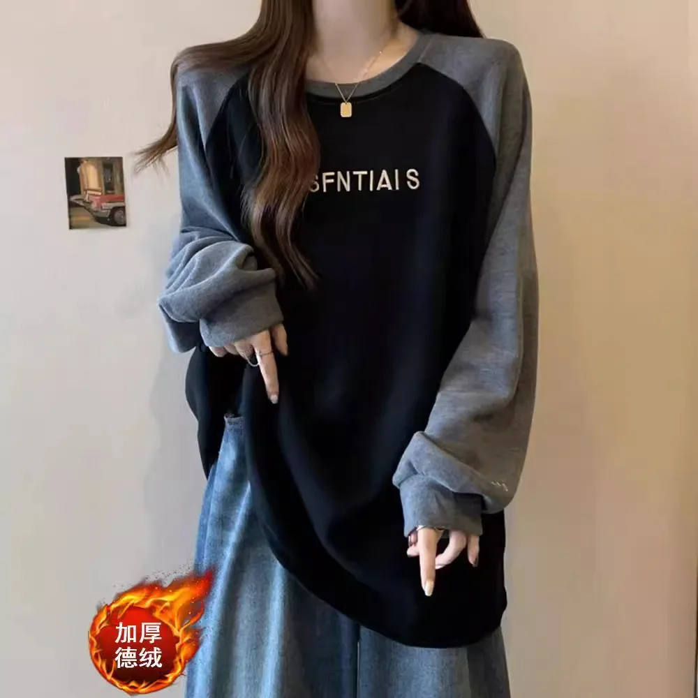 大碼女裝秋冬新款寬鬆顯瘦絲絨保暖印花可內搭外穿長袖上衣 - Image 3