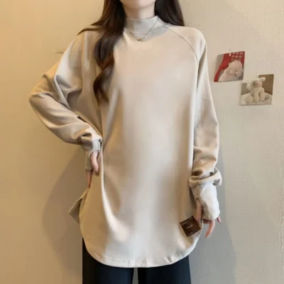 大碼女裝秋冬新款純色寬鬆顯瘦加厚搖粒絨半高領長袖上衣 - Image 4