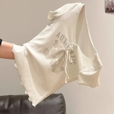 夏季女裝新款合身美式木耳邊設計蝴蝶結V領字母印花短袖上衣 - Image 4
