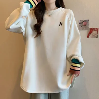 大碼女裝秋冬新款絲絨加厚保暖拼色寬鬆顯瘦長袖上衣 - Image 4