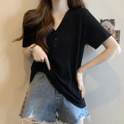 夏季大碼女裝新款純色寬鬆顯瘦遮肉V領舒適短袖上衣