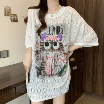 大碼女裝春夏新款寬鬆顯瘦蕾絲提花卡通印花短袖上衣