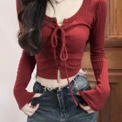 女裝春秋新款純色休閒顯瘦合身百搭綁帶圓領長袖上衣 - Image 4