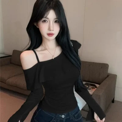 春秋女裝新款純色休閒百搭收腰合身荷葉邊露肩長袖上衣 - Image 3