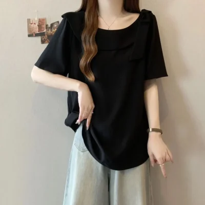 Alternative view of 大碼女裝春夏新款純色寬鬆顯瘦可內搭外穿蝴蝶結圓領短袖上衣