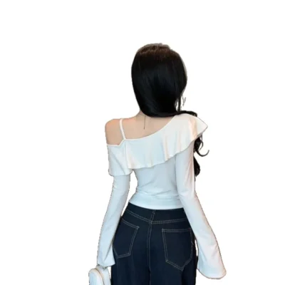 春秋女裝新款純色休閒百搭收腰合身荷葉邊露肩長袖上衣 - Image 5