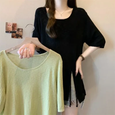 大碼女裝春夏新款純色寬鬆顯瘦減齡不規則開叉短袖上衣 - Image 4