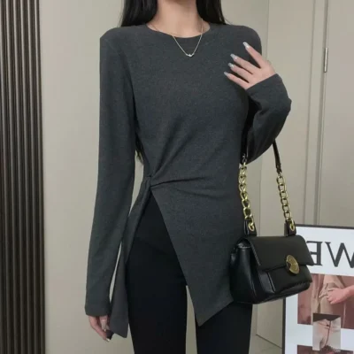 大碼女裝春秋新款純色休閒合身綁帶設計感開叉長袖打底衫