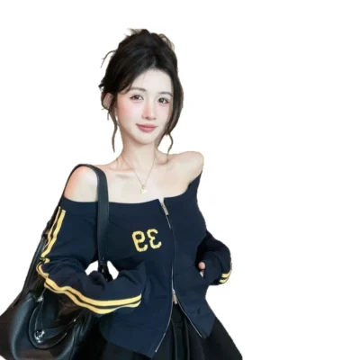 女裝春秋新款美式顯瘦性感拉鏈開襟露肩長袖上衣 - Image 6