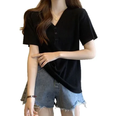 夏季大碼女裝新款純色寬鬆顯瘦遮肉V領舒適短袖上衣 - Image 5