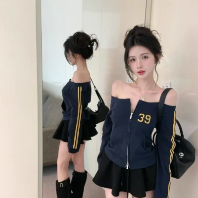 女裝春秋新款美式顯瘦性感拉鏈開襟露肩長袖上衣 - Image 3