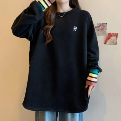 大碼女裝秋冬新款絲絨加厚保暖拼色寬鬆顯瘦長袖上衣