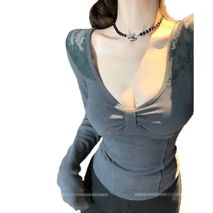 秋冬女裝新款純色百搭合身顯瘦蕾絲拼接V領長袖上衣 - Image 2