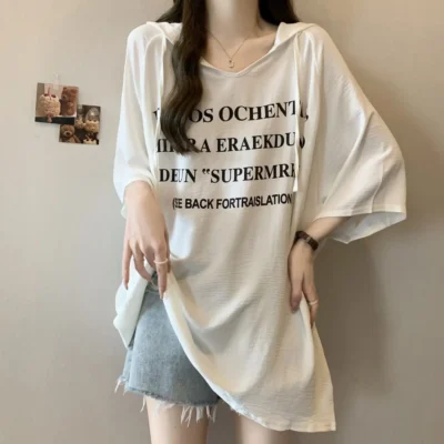 春夏大碼女裝爆款寬鬆塑形顯瘦連帽字母印花短袖上衣 - Image 3